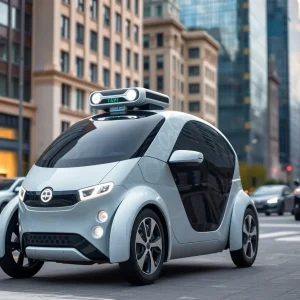 Concept image of a Tesla robotaxi in a futuristic urban setting