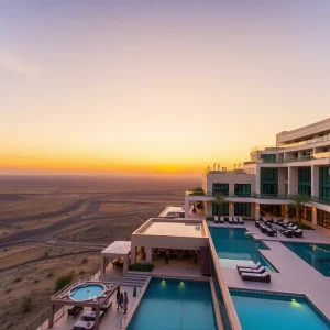 Exterior of The REMI. Scottsdale Hotel with a rooftop pool during sunset