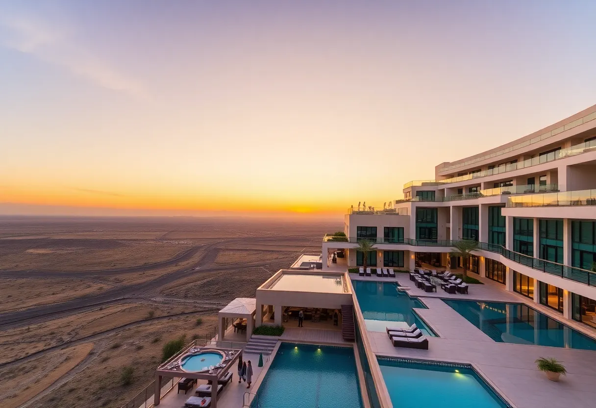 Exterior of The REMI. Scottsdale Hotel with a rooftop pool during sunset