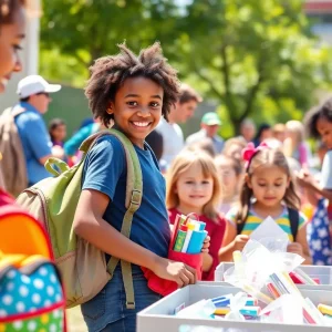 Families receiving school supplies at the Tools 4 School event in Phoenix