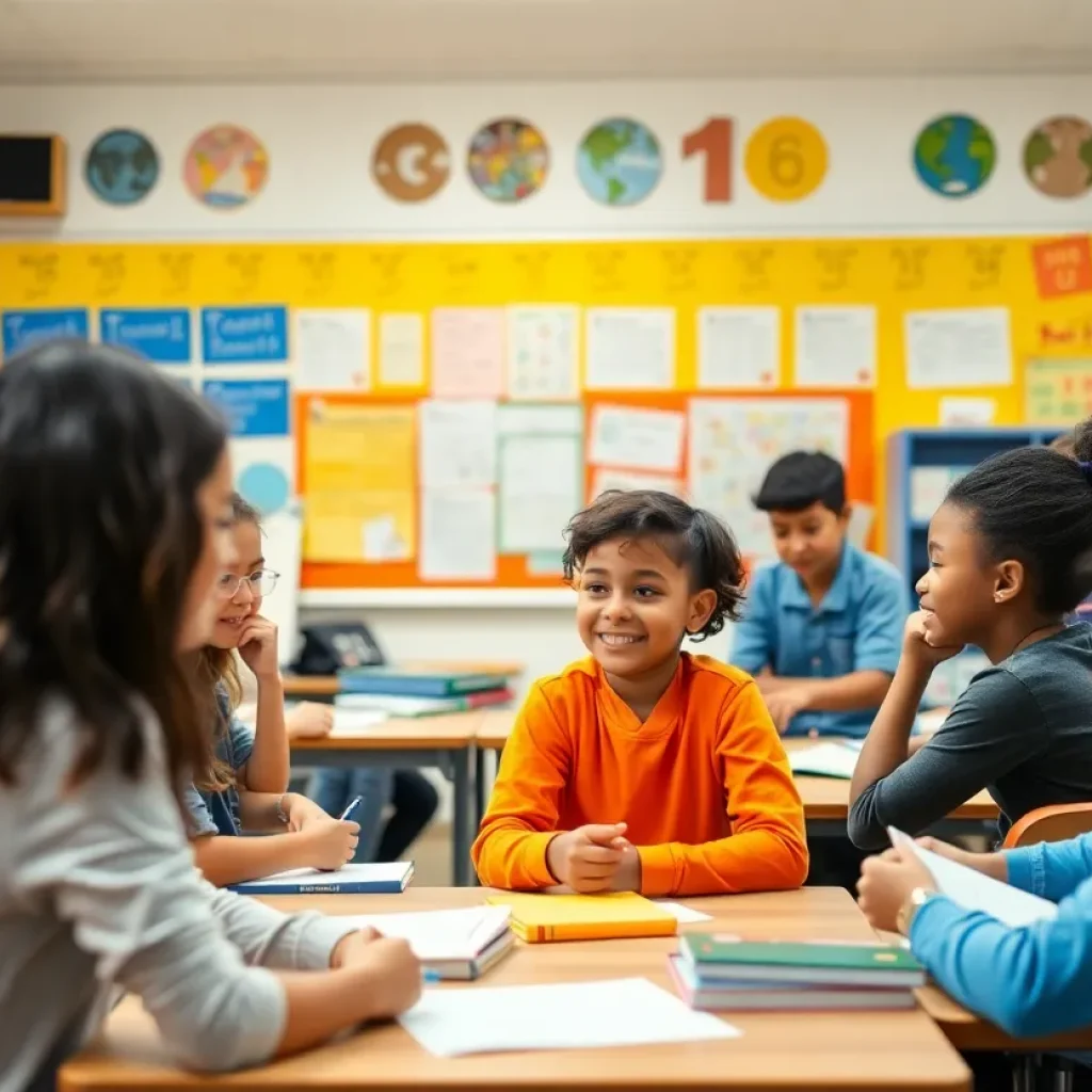 Diverse classroom with students collaborating on a project