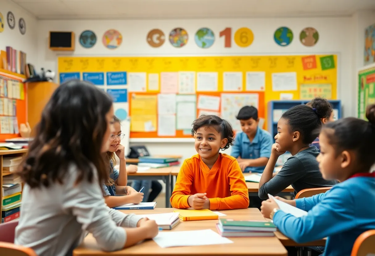 Diverse classroom with students collaborating on a project