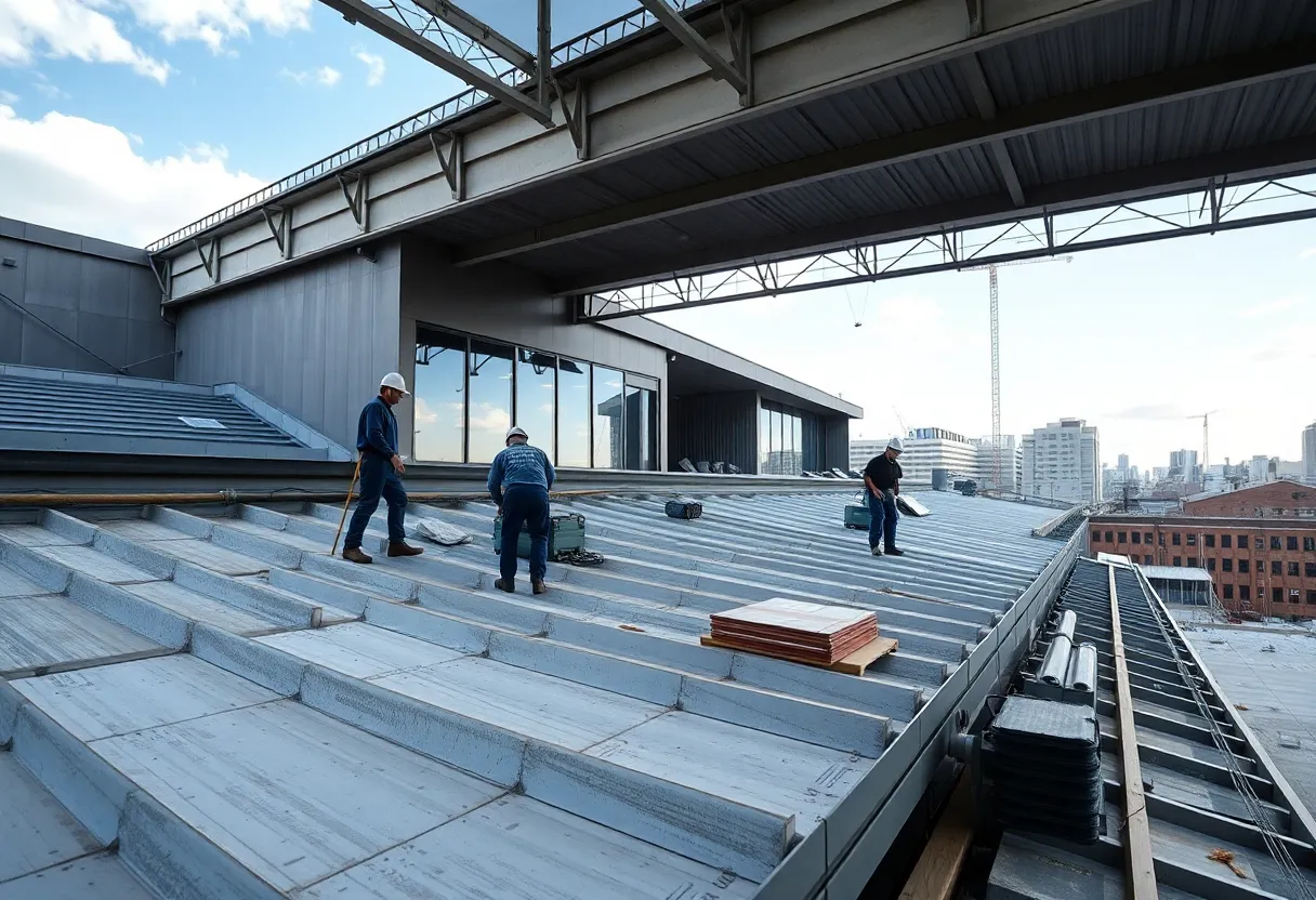 TopBuild workers on a commercial roofing project