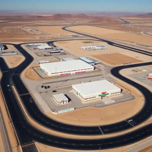 Aerial view of Toyota Arizona Proving Grounds with testing tracks and desert in the background.