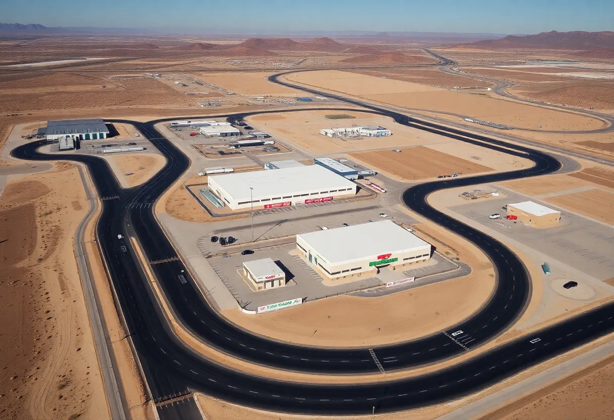 Aerial view of Toyota Arizona Proving Grounds with testing tracks and desert in the background.