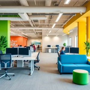Modern office interior with collaboration spaces and natural light