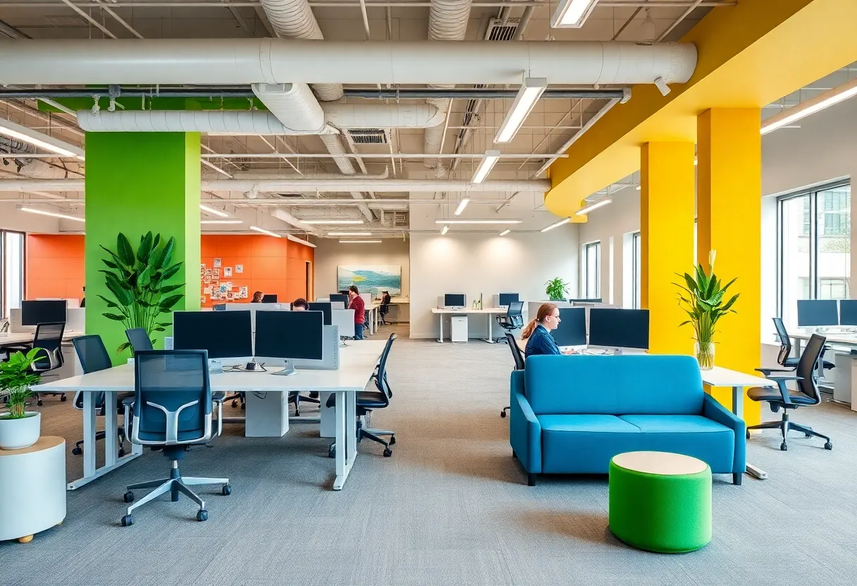 Modern office interior with collaboration spaces and natural light