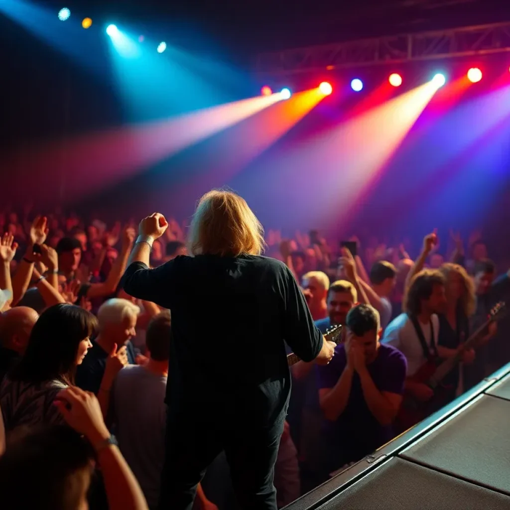 A lively concert scene honoring the legacy of a rock legend.