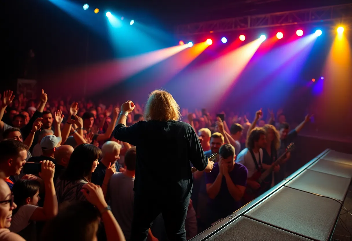 A lively concert scene honoring the legacy of a rock legend.