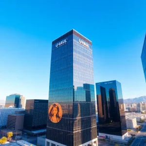 The U-Haul Tower skyscraper against a blue sky in Phoenix, Arizona