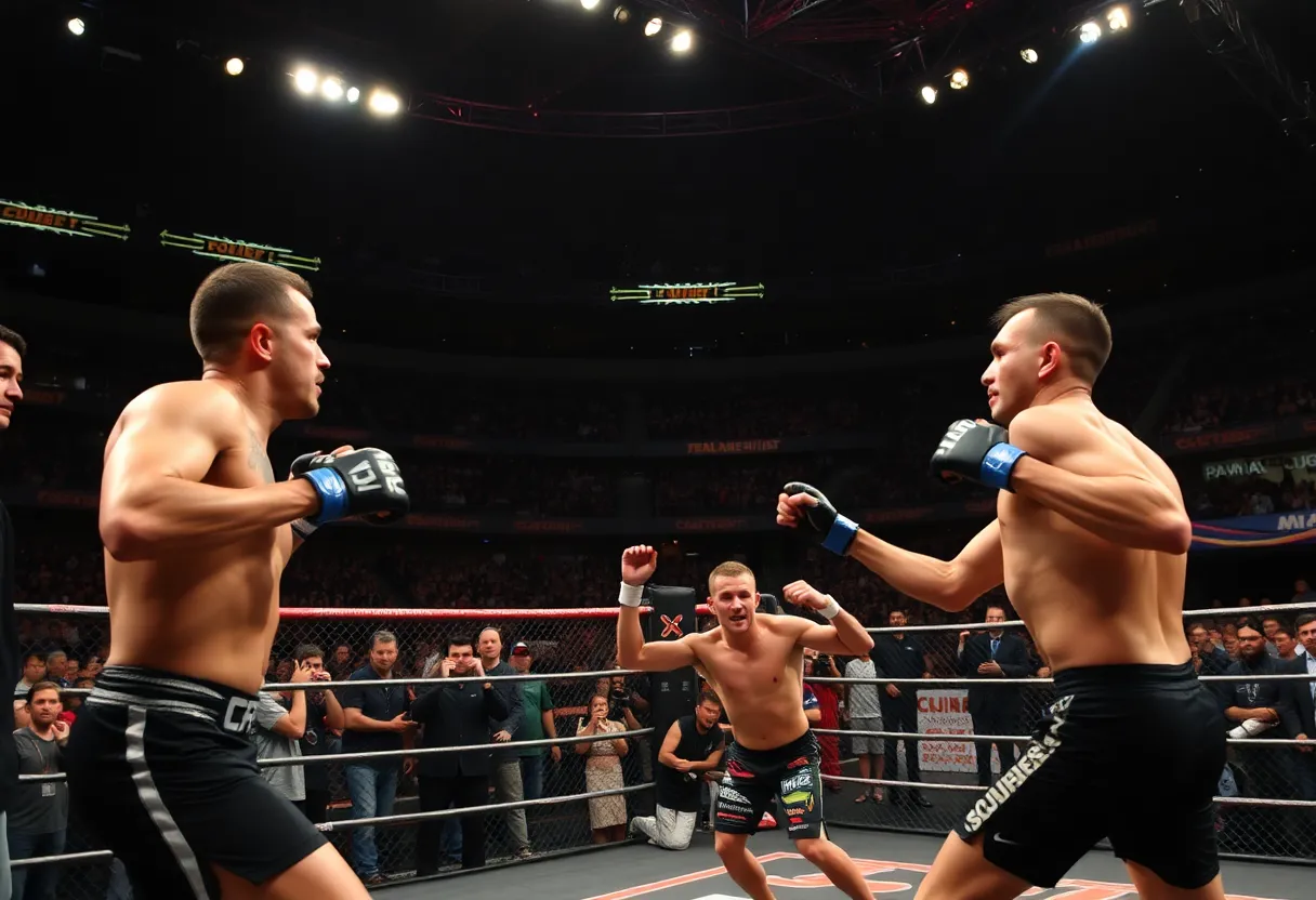 Action scene from UFC Fight Night showcasing a thrilling fight in the arena.
