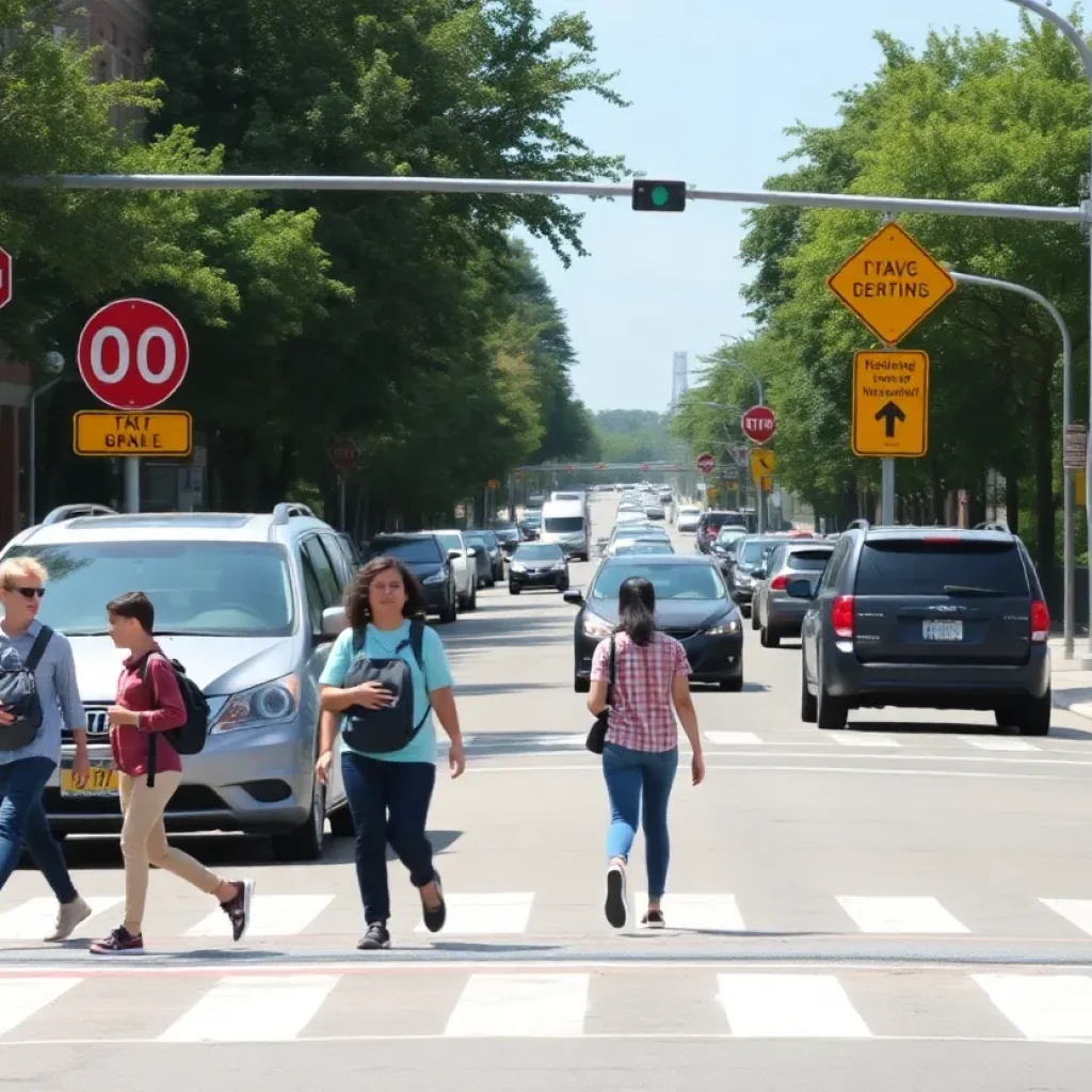 Students walking near a busy street with traffic signs and crosswalks.