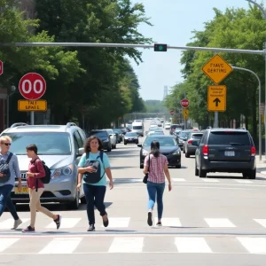 Students walking near a busy street with traffic signs and crosswalks.