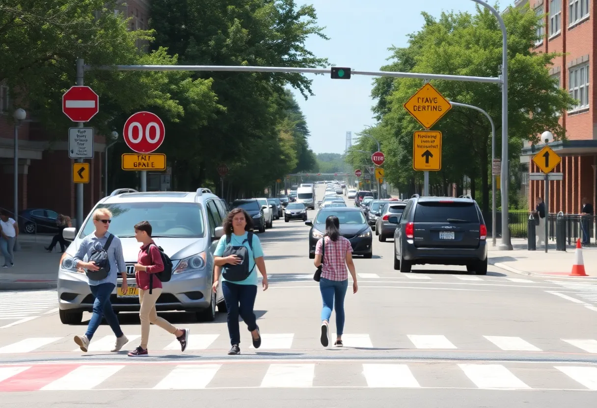 Students walking near a busy street with traffic signs and crosswalks.