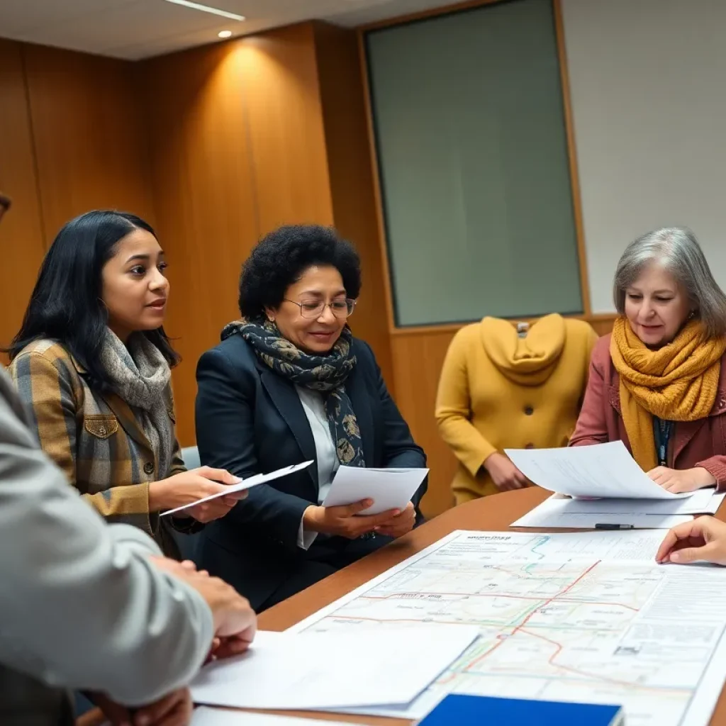 Community leaders discussing transportation plans at a meeting.