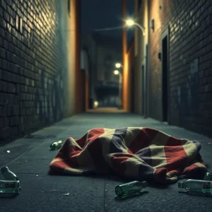 Illustration representing violence against the homeless in an urban setting.