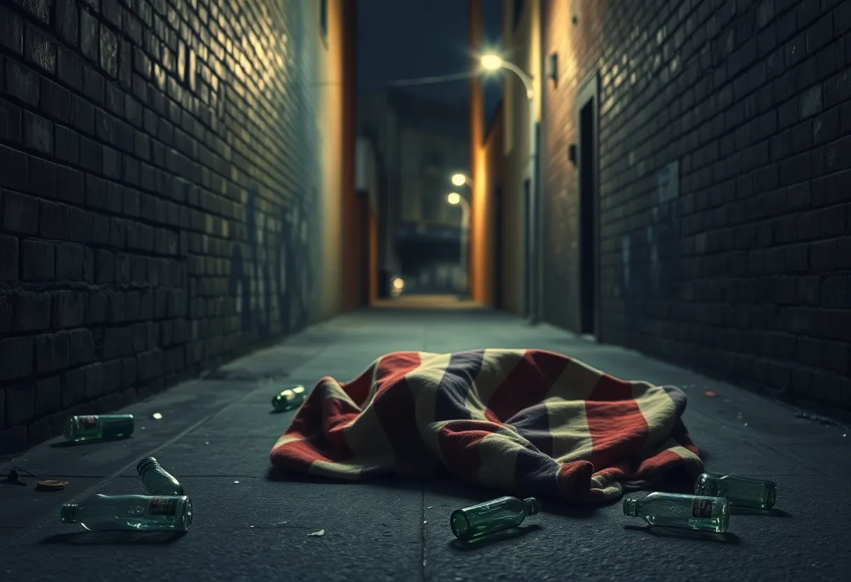 Illustration representing violence against the homeless in an urban setting.
