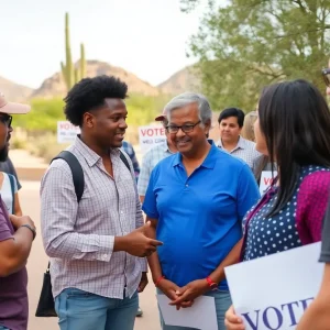 A diverse group of voters discussing political issues outdoors with Tucson landscapes in the background.
