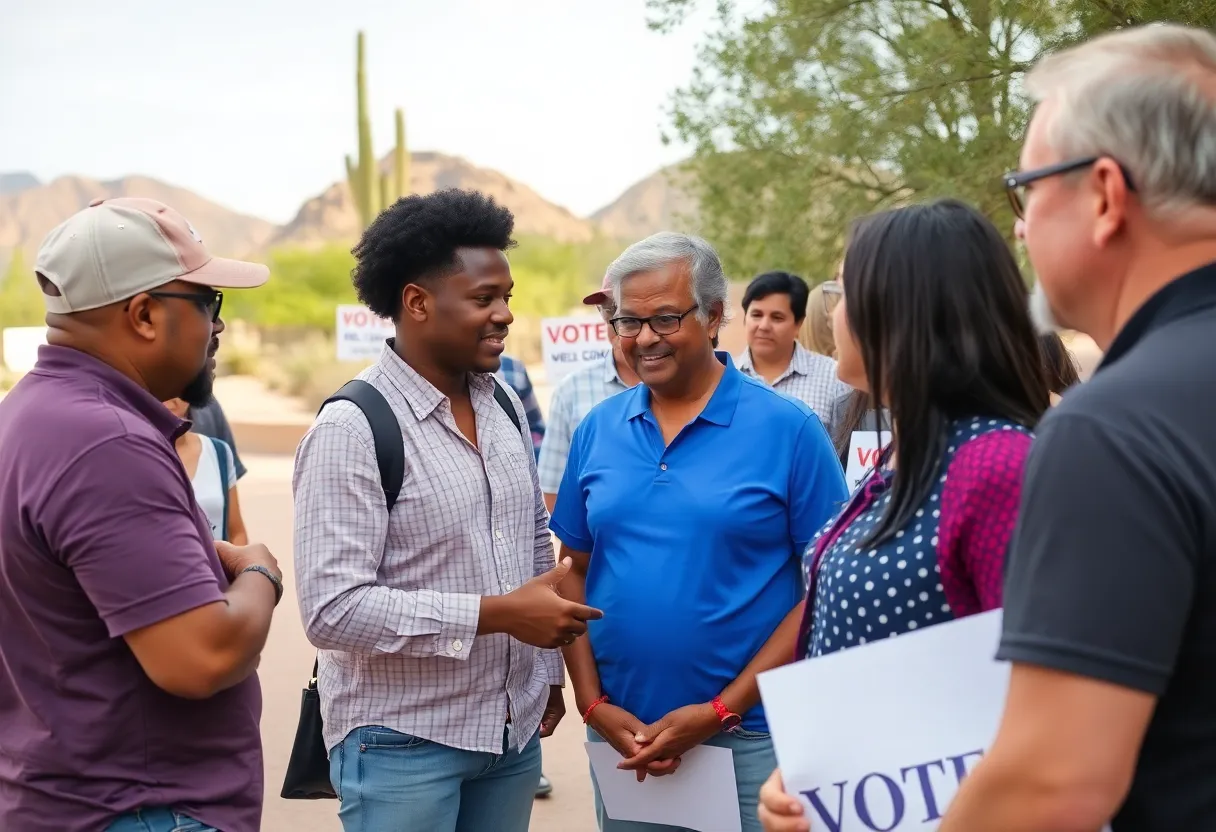 A diverse group of voters discussing political issues outdoors with Tucson landscapes in the background.