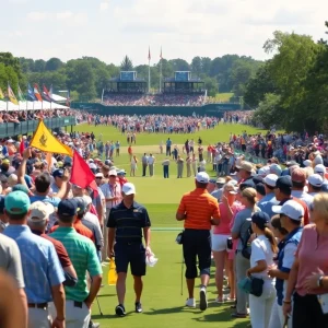 Golf tournament scene with fans and players at the Waste Management Phoenix Open