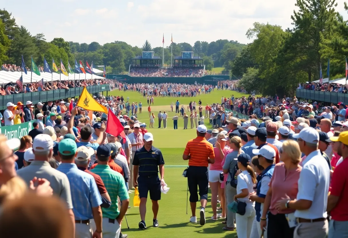Golf tournament scene with fans and players at the Waste Management Phoenix Open