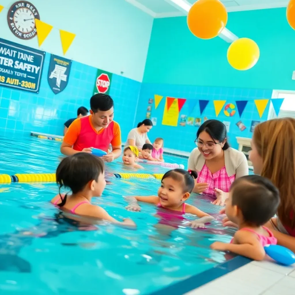 Children swimming during a water safety event at Goldfish Swim School.