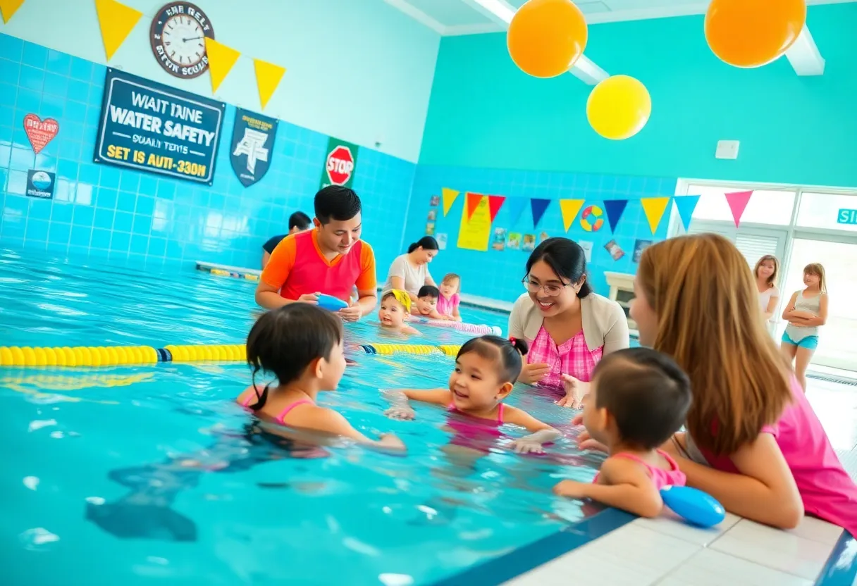 Children swimming during a water safety event at Goldfish Swim School.