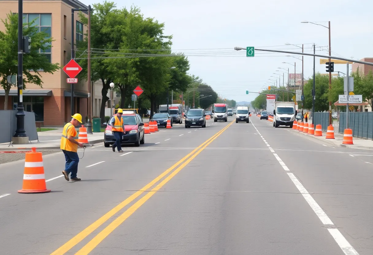 Construction work on Watt Avenue showing new bicycle lanes and repaved roads
