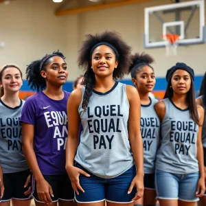 Group of WNBA players standing together wearing equal pay T-shirts