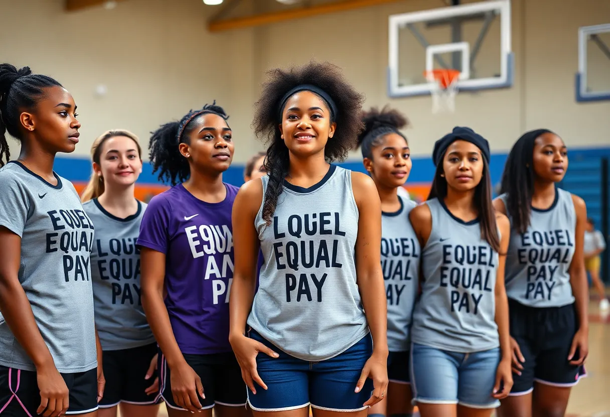 Group of WNBA players standing together wearing equal pay T-shirts