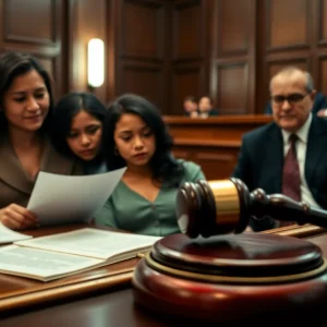 Courtroom scene representing a wrongful death lawsuit.