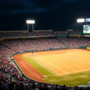 Baseball stadium during night game with fans cheering