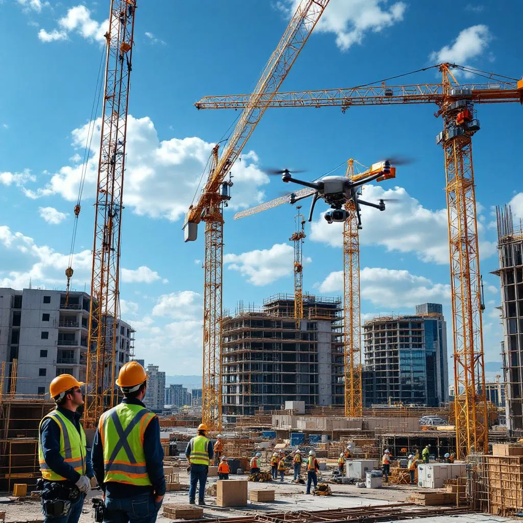 Construction site in Phoenix featuring cranes and workers collaborating with technology.
