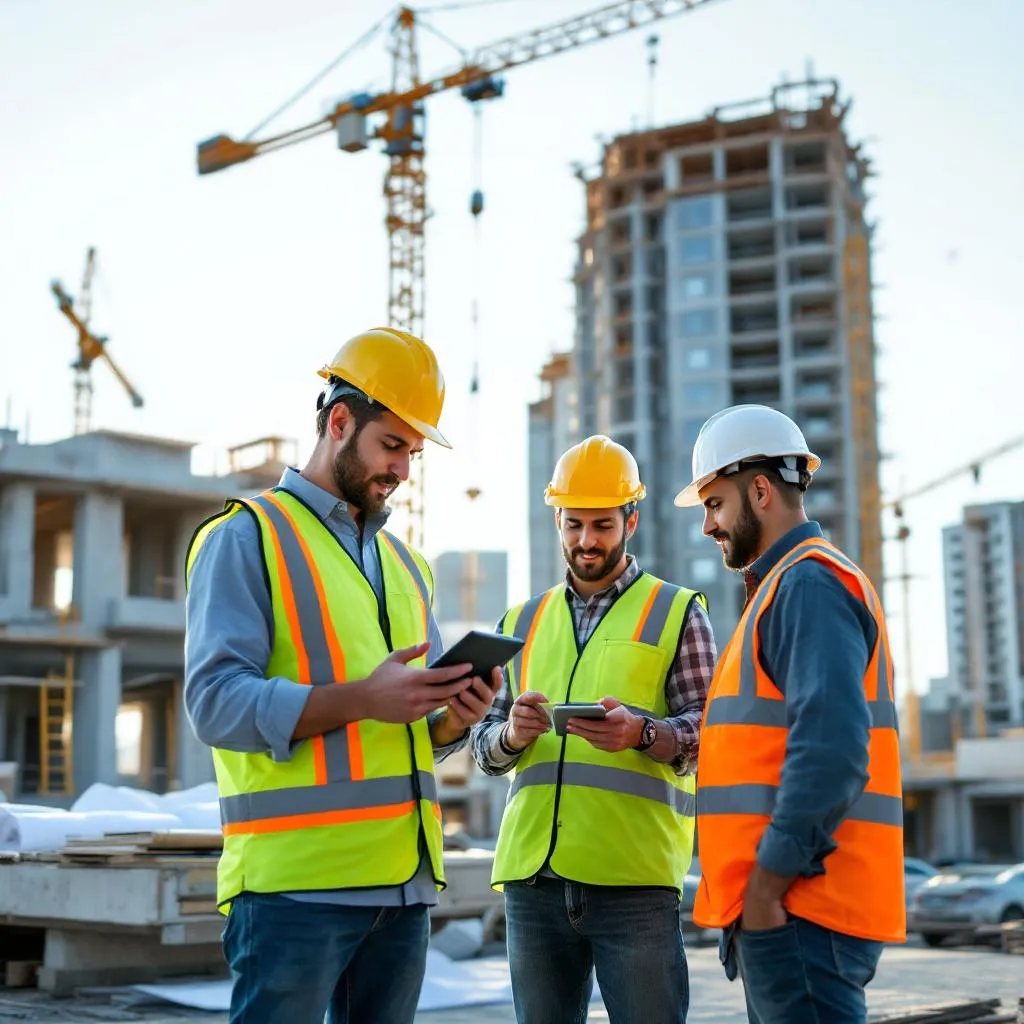 Workers collaborating on a construction site in Phoenix using ERP tools