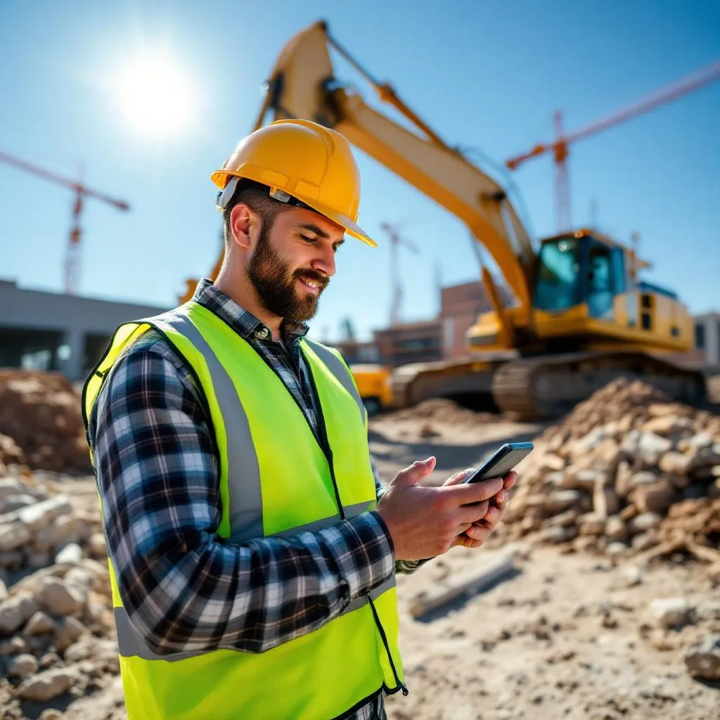 Construction worker interacting with mobile ERP system on site