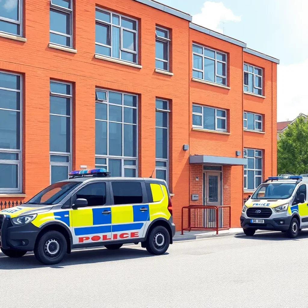 School building with reinforced windows and police vehicle with ballistic protection
