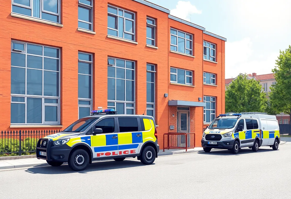 School building with reinforced windows and police vehicle with ballistic protection