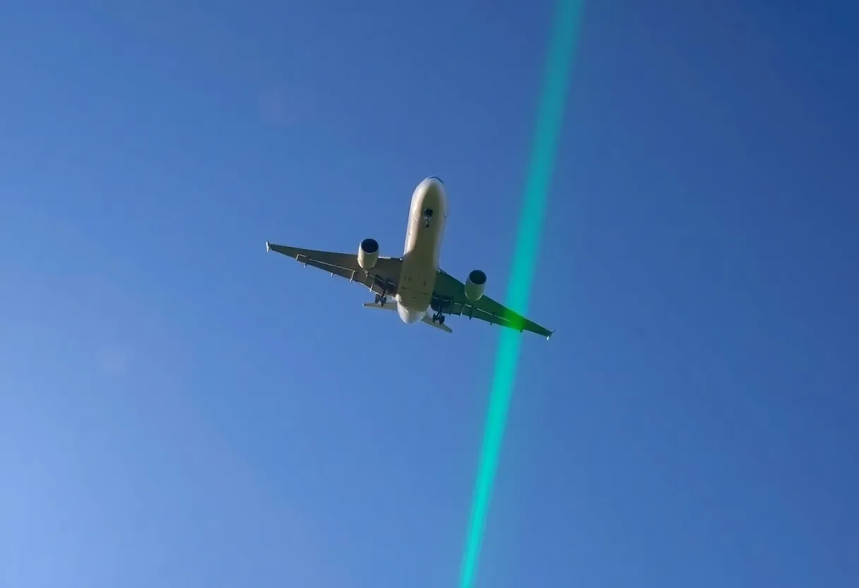 An airplane flying with a laser beam in the foreground symbolizing laser strikes against aircraft.