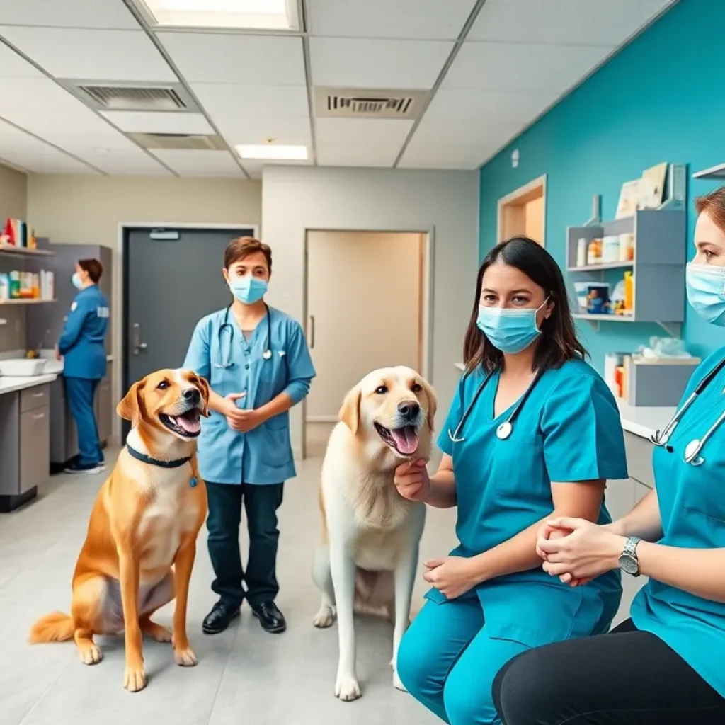 Interior of the Marion and Bob Auray Animal Companion Clinic in Phoenix with pets and veterinary staff