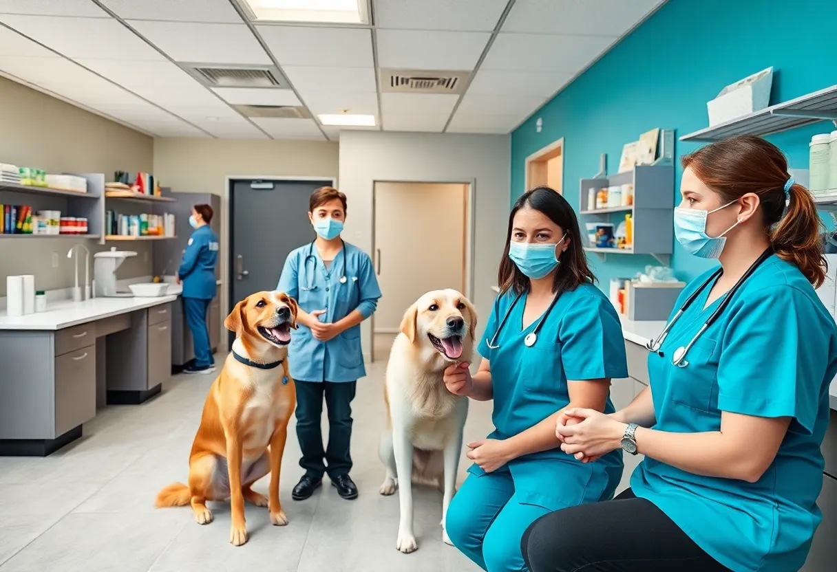 Interior of the Marion and Bob Auray Animal Companion Clinic in Phoenix with pets and veterinary staff