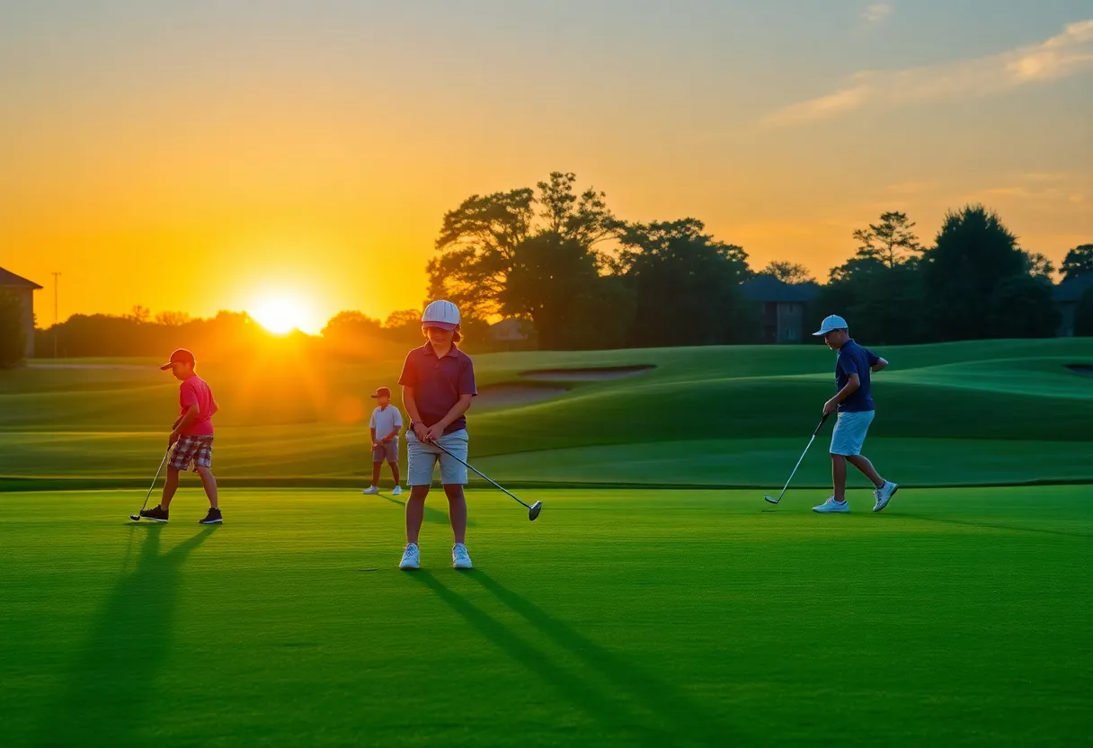 Young golfers competing at a scenic golf course