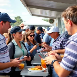 Crowd enjoying refreshments at Phoenix Open concessions with Apple Pay