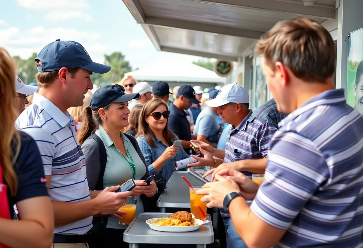 Crowd enjoying refreshments at Phoenix Open concessions with Apple Pay