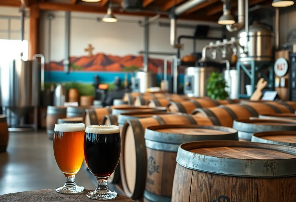 Craft beer varieties displayed in a brewery setting