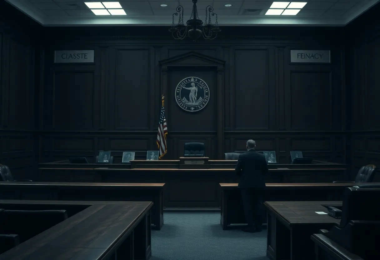 Courtroom scene depicting themes of justice and capital punishment