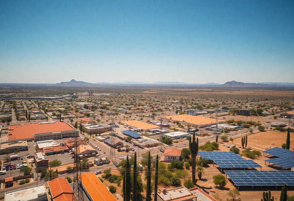 Aerial view of Arizona showing solar panels and electricity lines during a heatwave.