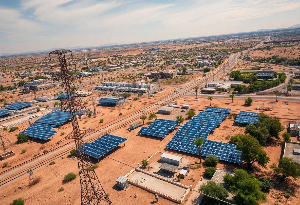 Power lines and solar panels in Arizona under extreme heat