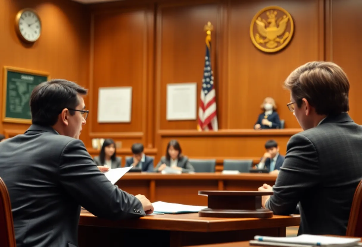 Courtroom scene illustrating legal proceedings related to educational fraud