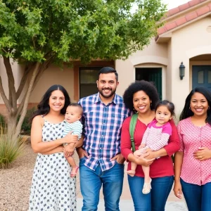 Diverse families celebrating homeownership in Arizona.