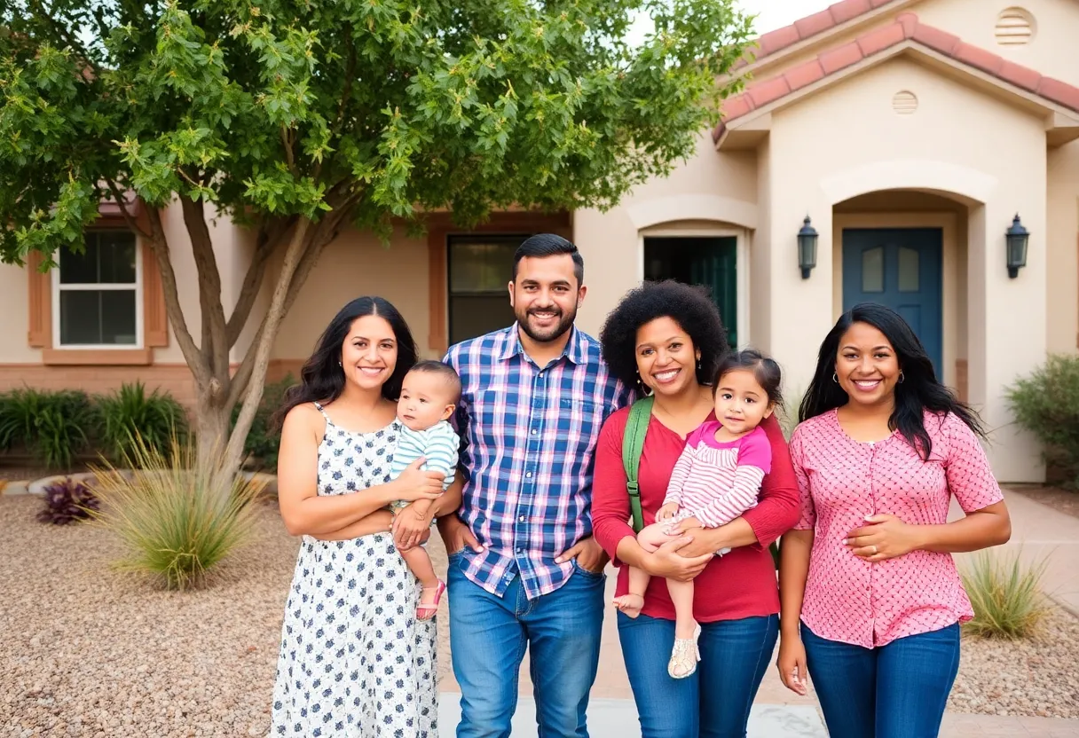 Diverse families celebrating homeownership in Arizona.